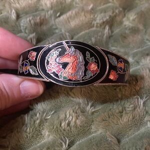 RARE Vintage Cloisonné Silver-Tone Hinged Bangle Bracelet
